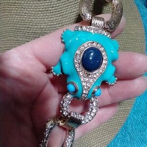 Elegant Gold Tone and Turquoise Blue Crystals Pendant Necklace large heavy frog